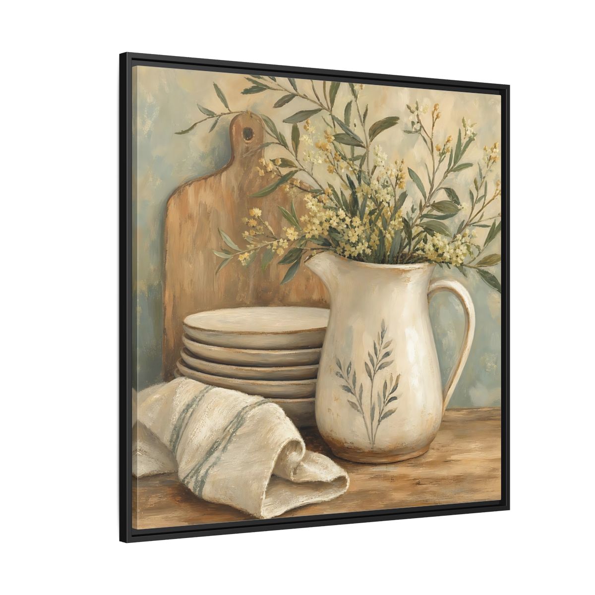 Side Mockup 6. Floral Floral Arrangement Neutral Floral Still Life shown as stretched canvas wall art