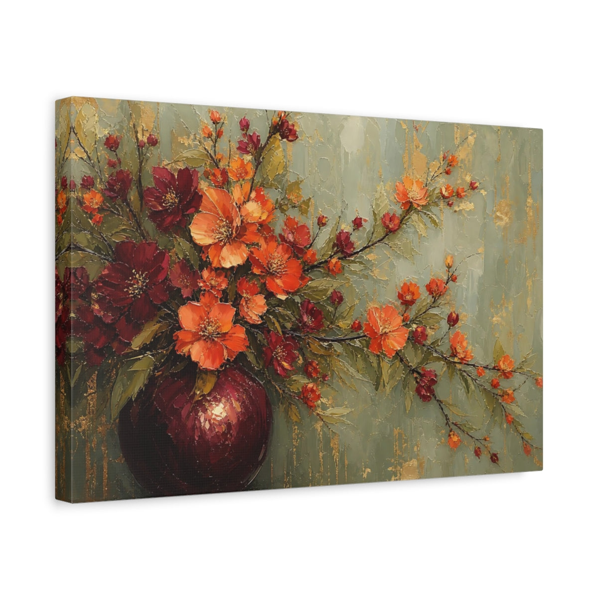 Side Mockup 4. Floral Floral Arrangement Orange Red Floral shown as stretched canvas wall art