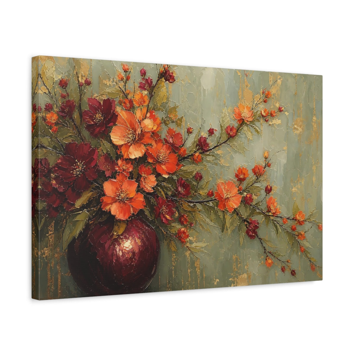 Side Mockup 3. Floral Floral Arrangement Orange Red Floral shown as stretched canvas wall art