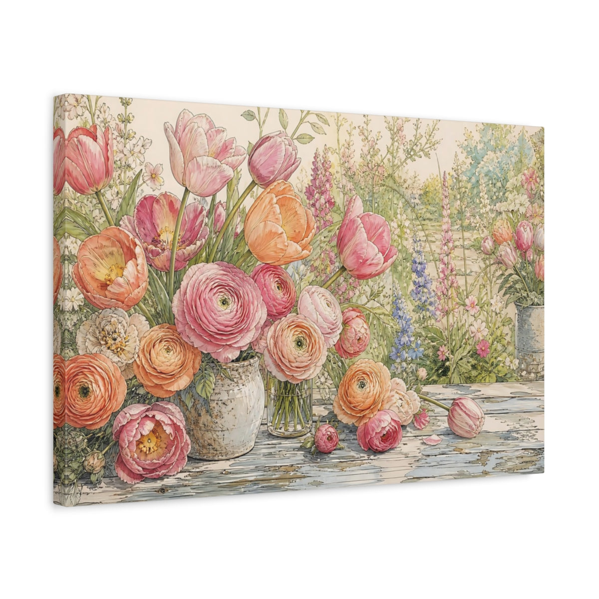 Side Mockup 3. Floral Floral Arrangement Pink And Orange Floral shown as stretched canvas wall art