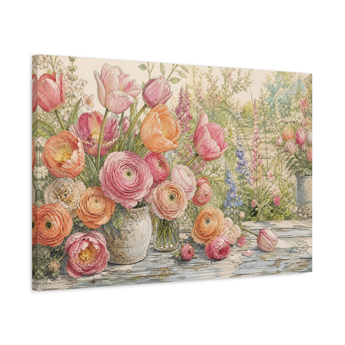 Side Mockup 2. Floral Floral Arrangement Pink And Orange Floral shown as stretched canvas wall art