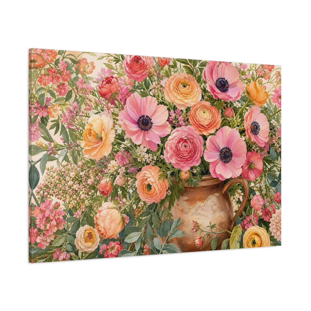 Side Mockup 1. Floral Floral Arrangement Pink Orange Floral shown as stretched canvas wall art