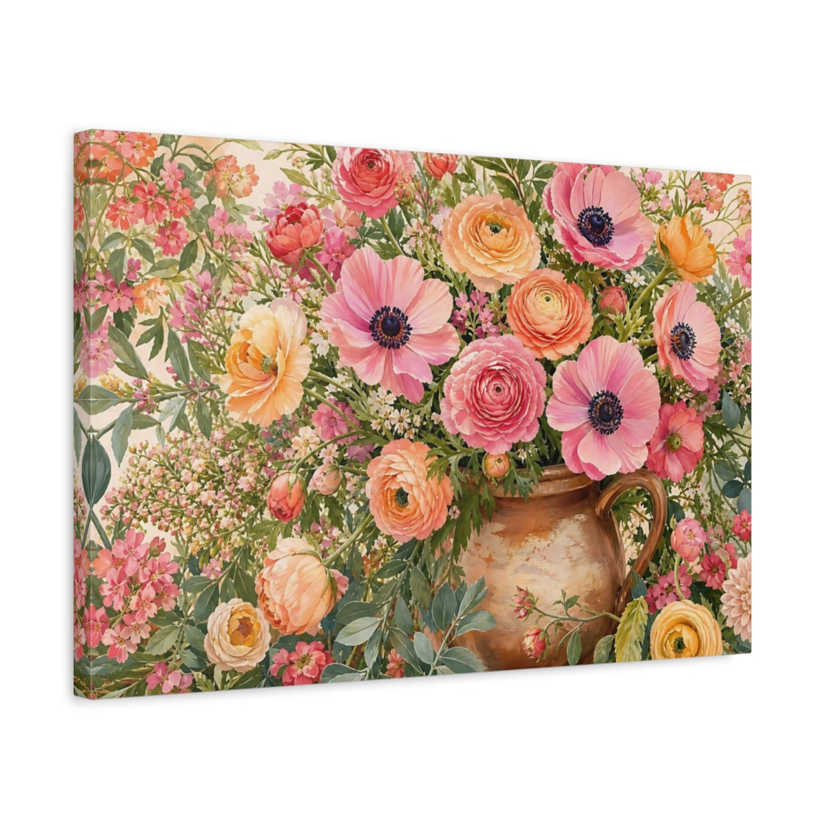 Side Mockup 3. Floral Floral Arrangement Pink Orange Floral shown as stretched canvas wall art