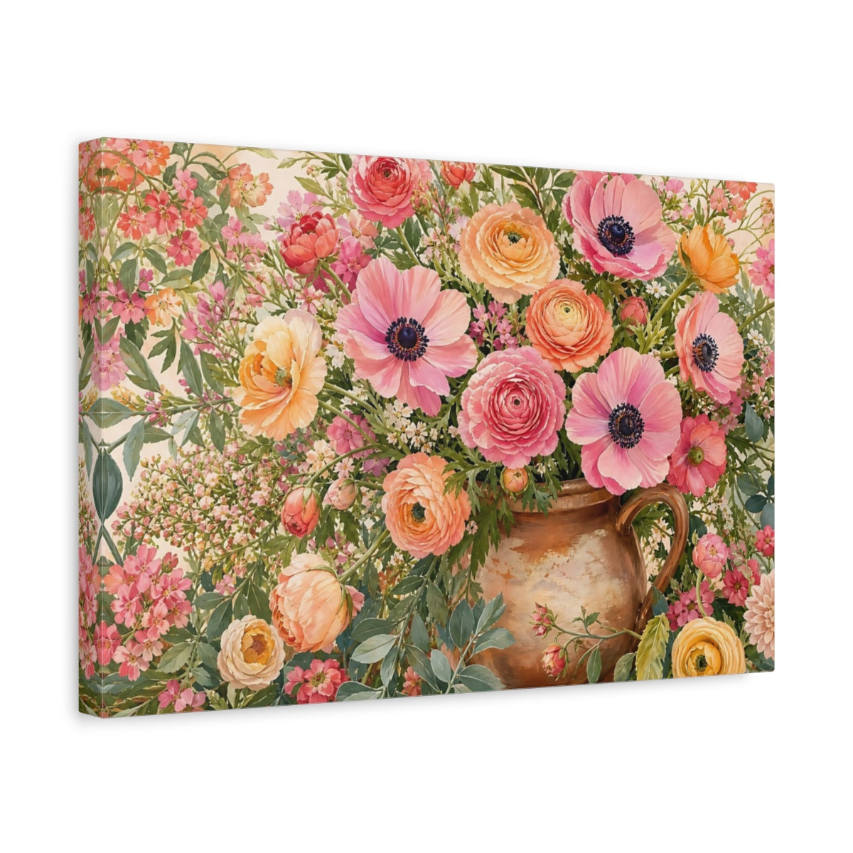 Side Mockup 4. Floral Floral Arrangement Pink Orange Floral shown as stretched canvas wall art