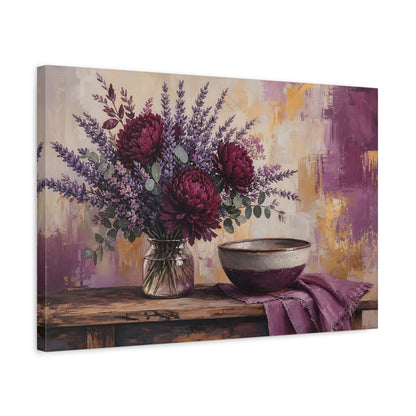 Side Mockup 3. Floral Floral Arrangement Purple & Gold shown as stretched canvas wall art