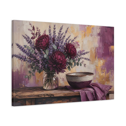 Side Mockup 2. Floral Floral Arrangement Purple & Gold shown as stretched canvas wall art