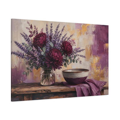 Side Mockup 1. Floral Floral Arrangement Purple & Gold shown as stretched canvas wall art