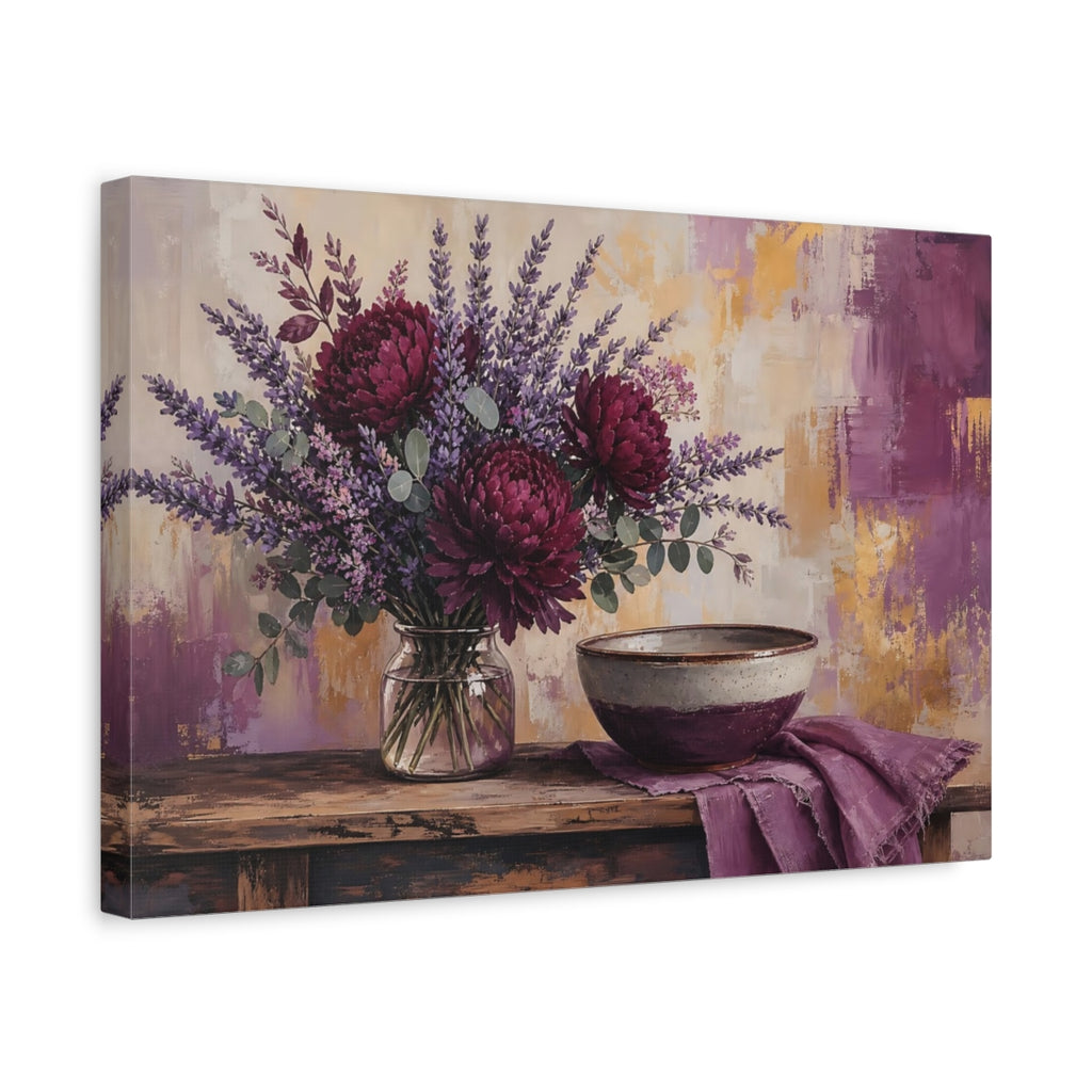 Side Mockup 4. Floral Floral Arrangement Purple & Gold shown as stretched canvas wall art