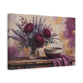 Side Mockup 4. Floral Floral Arrangement Purple & Gold shown as stretched canvas wall art