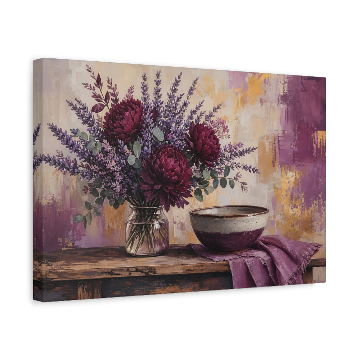 Side Mockup 4. Floral Floral Arrangement Purple & Gold shown as stretched canvas wall art