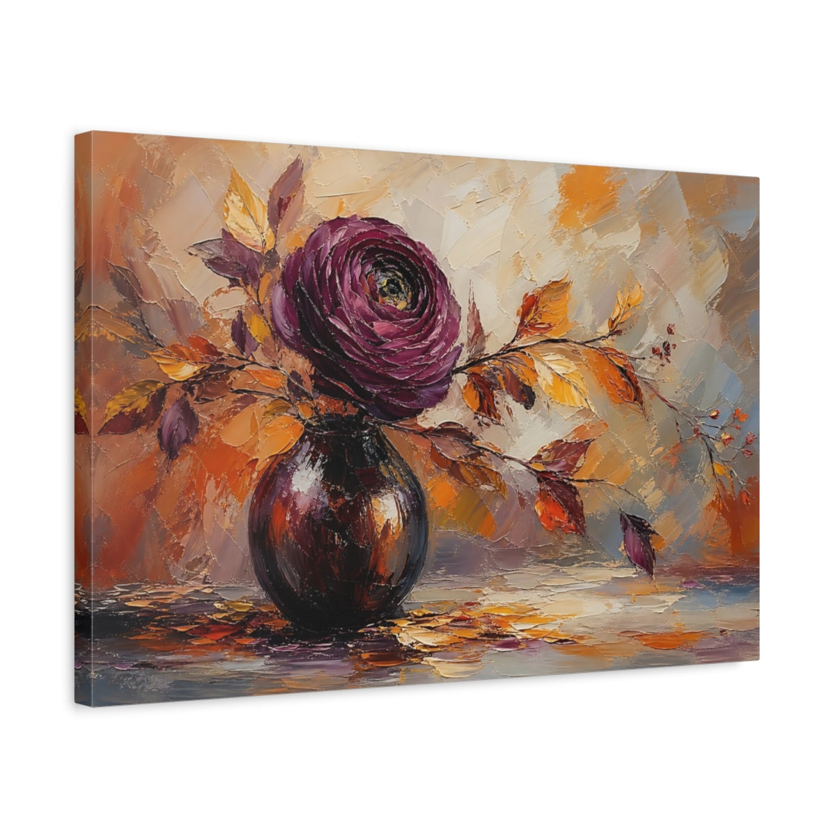 Side Mockup 3. Floral Floral Arrangement Purple Orange Floral shown as stretched canvas wall art