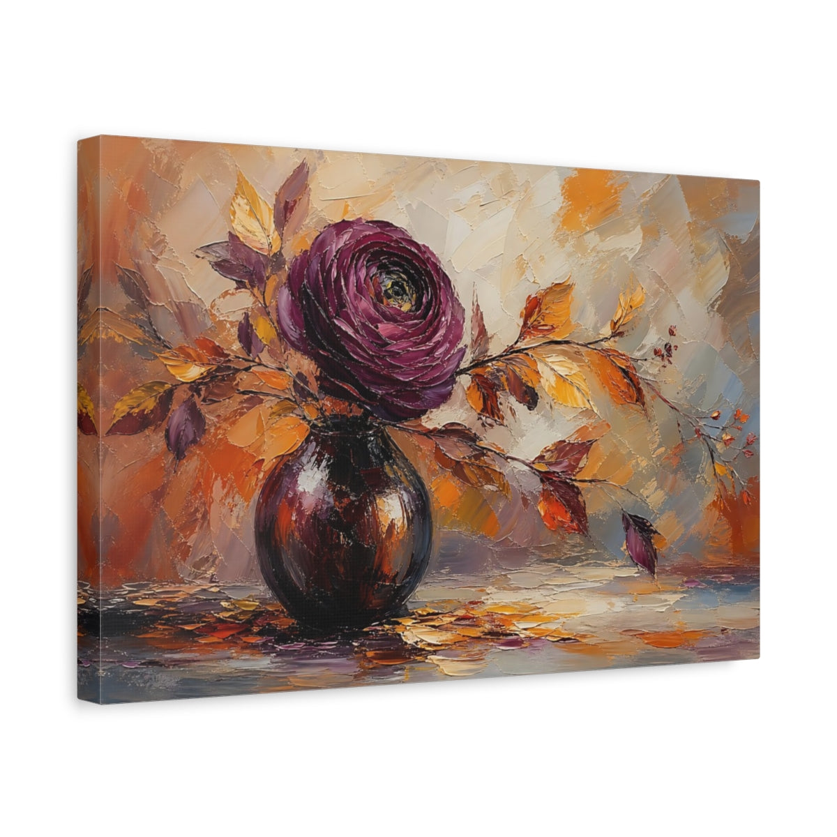 Side Mockup 4. Floral Floral Arrangement Purple Orange Floral shown as stretched canvas wall art