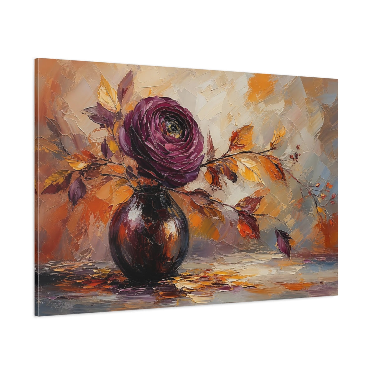 Side Mockup 1. Floral Floral Arrangement Purple Orange Floral shown as stretched canvas wall art