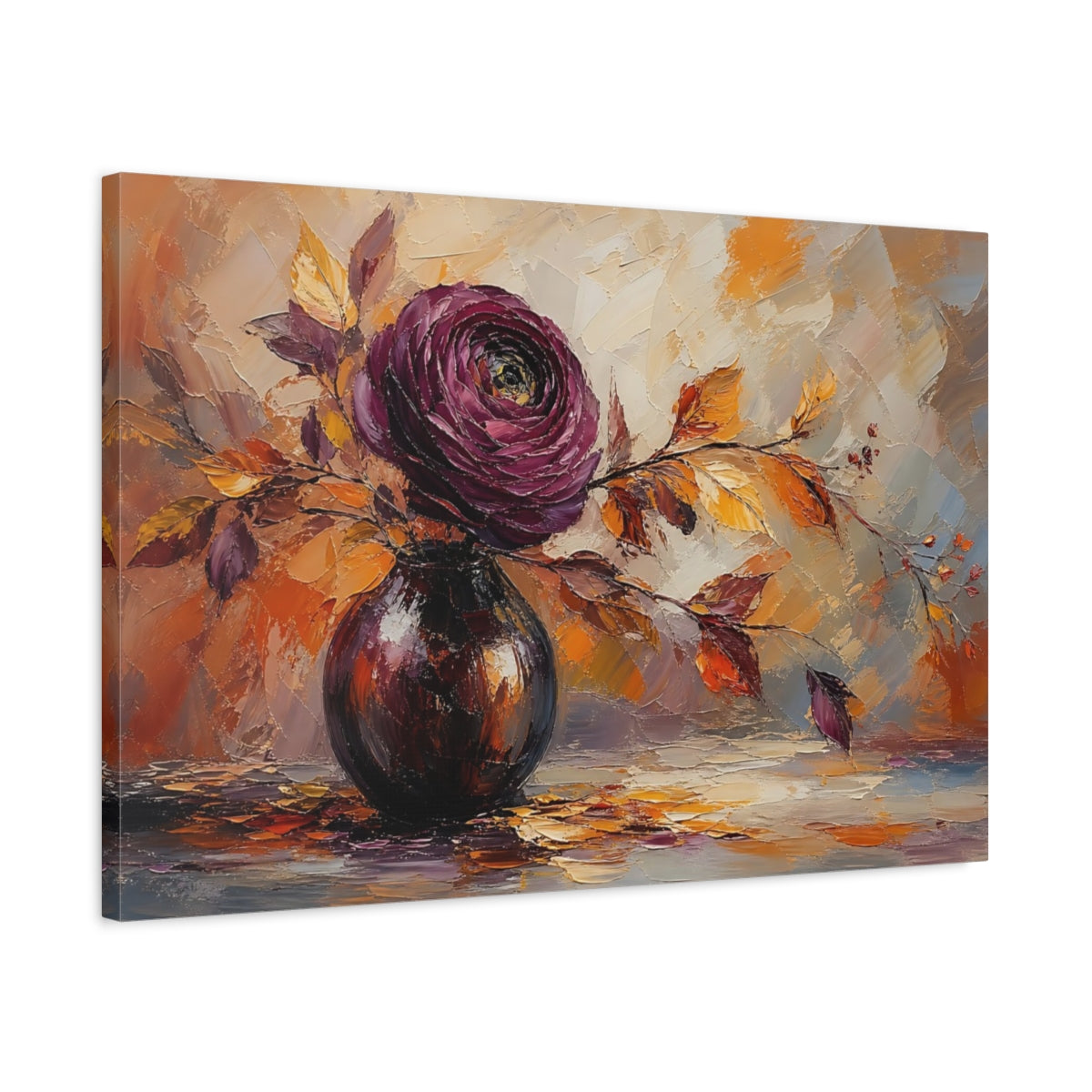 Side Mockup 2. Floral Floral Arrangement Purple Orange Floral shown as stretched canvas wall art