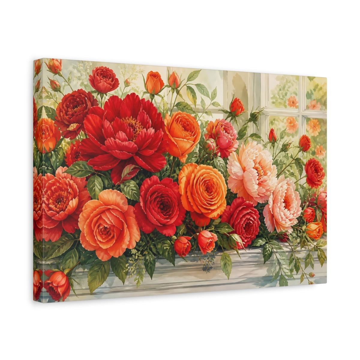 Side Mockup 4. Floral Floral Arrangement Red Orange Floral shown as stretched canvas wall art