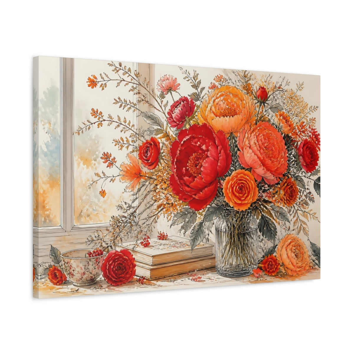 Side Mockup 2. Floral Floral Arrangement Red Orange Flowers shown as stretched canvas wall art
