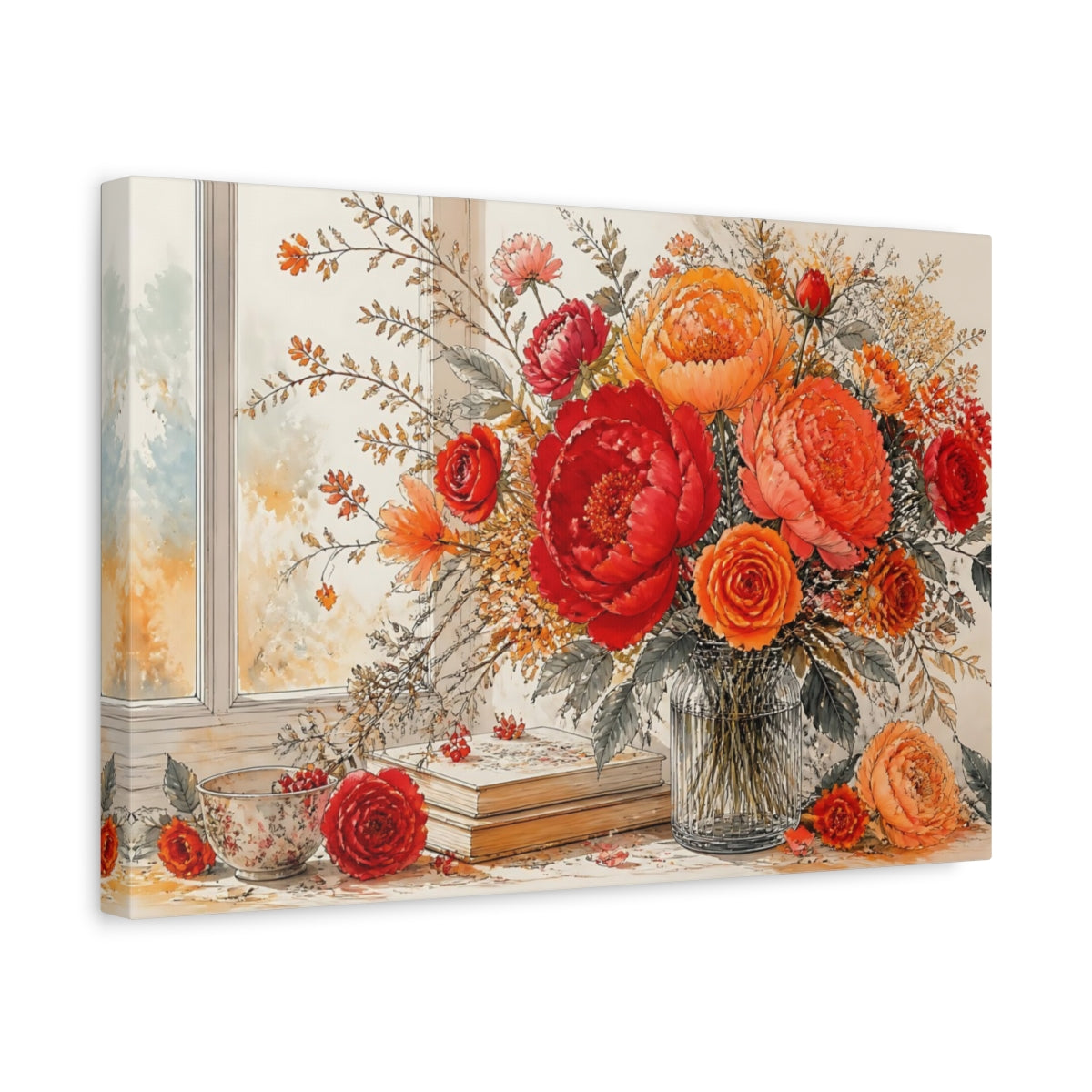 Side Mockup 4. Floral Floral Arrangement Red Orange Flowers shown as stretched canvas wall art