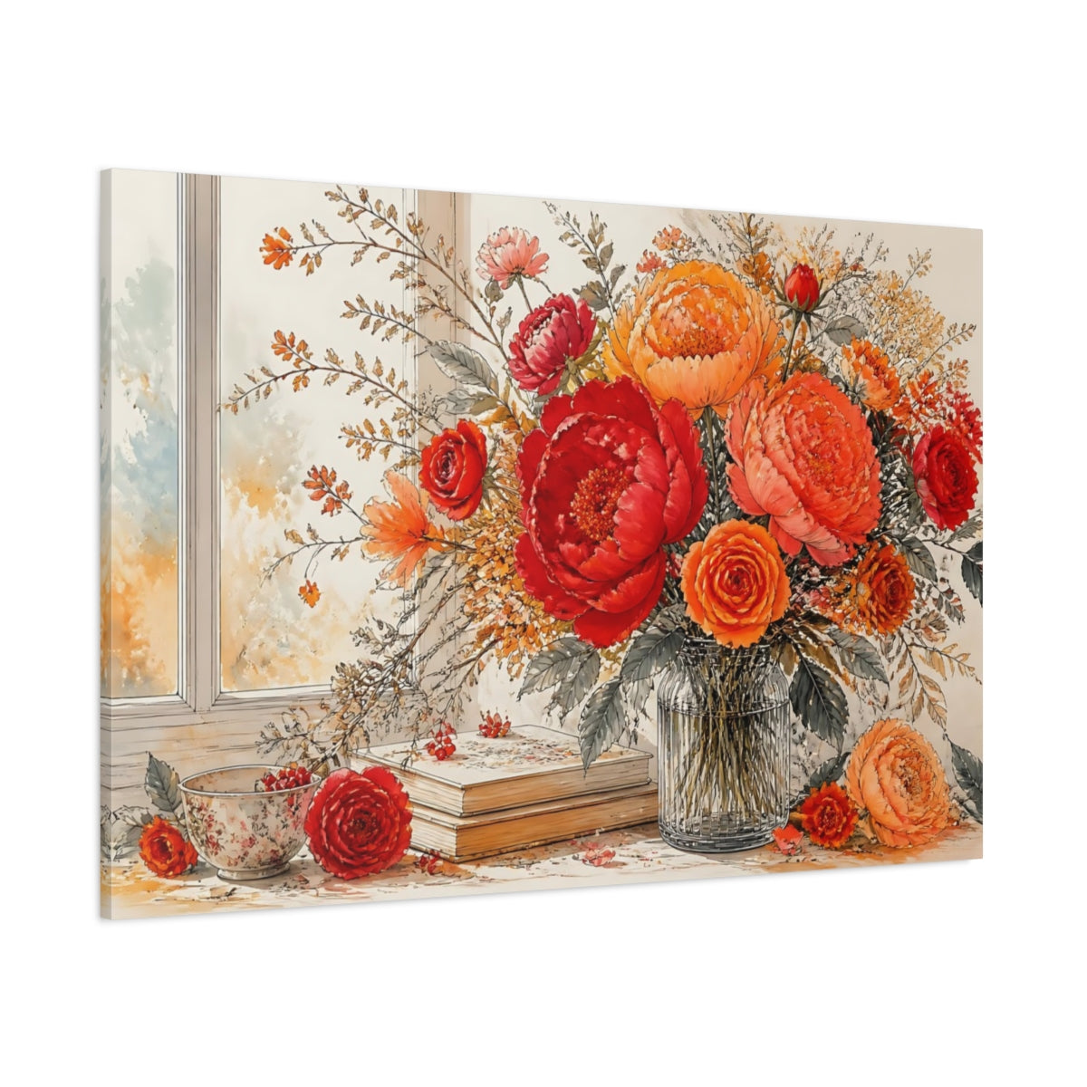 Side Mockup 1. Floral Floral Arrangement Red Orange Flowers shown as stretched canvas wall art