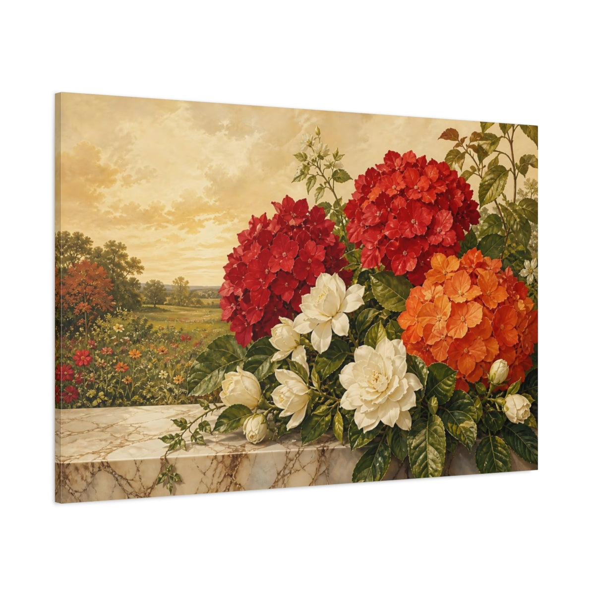Side Mockup 1. Floral Floral Arrangement Vibrant Floral Still Life shown as stretched canvas wall art