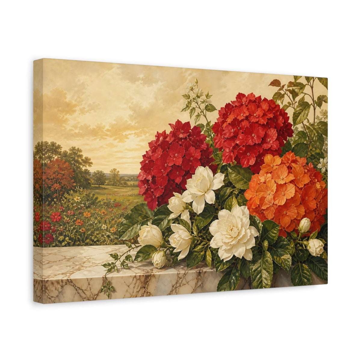 Side Mockup 4. Floral Floral Arrangement Vibrant Floral Still Life shown as stretched canvas wall art