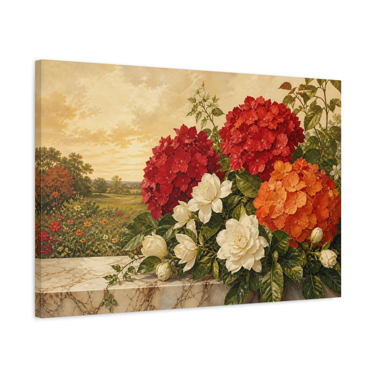 Side Mockup 2. Floral Floral Arrangement Vibrant Floral Still Life shown as stretched canvas wall art
