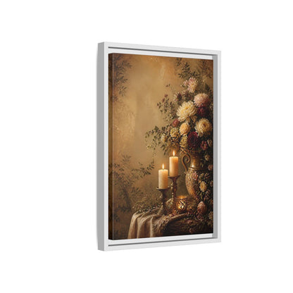Floral Arrangement Warm Gold Framed Canvas Wall Art - Vintage Living Room, Above Fireplace shown as canvas wall art