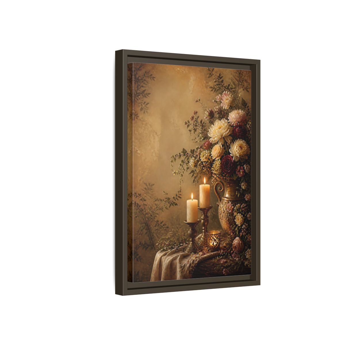 Side Mockup 5. Floral Floral Arrangement Warm Gold Floral shown as stretched canvas wall art