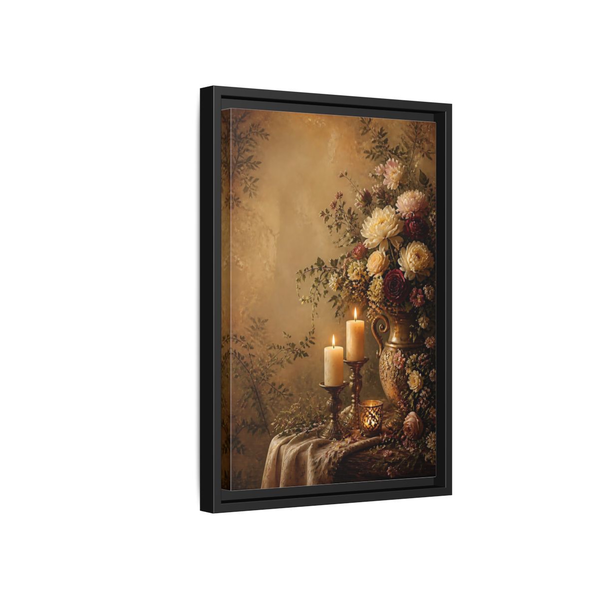 Floral Arrangement Warm Gold Framed Canvas Wall Art - Vintage Living Room, Above Fireplace shown as canvas wall art