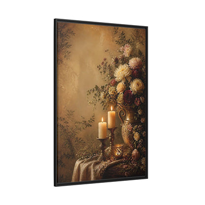 Floral Arrangement Warm Gold Framed Canvas Wall Art - Vintage Living Room, Above Fireplace shown as canvas wall art