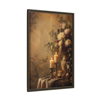 Floral Arrangement Warm Gold Framed Canvas Wall Art - Vintage Living Room, Above Fireplace shown as canvas wall art