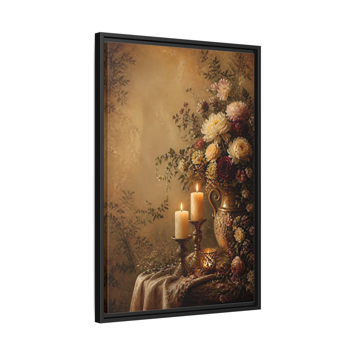 Side Mockup 14. Floral Floral Arrangement Warm Gold Floral shown as stretched canvas wall art