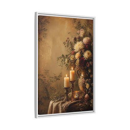 Floral Arrangement Warm Gold Framed Canvas Wall Art - Vintage Living Room, Above Fireplace shown as canvas wall art