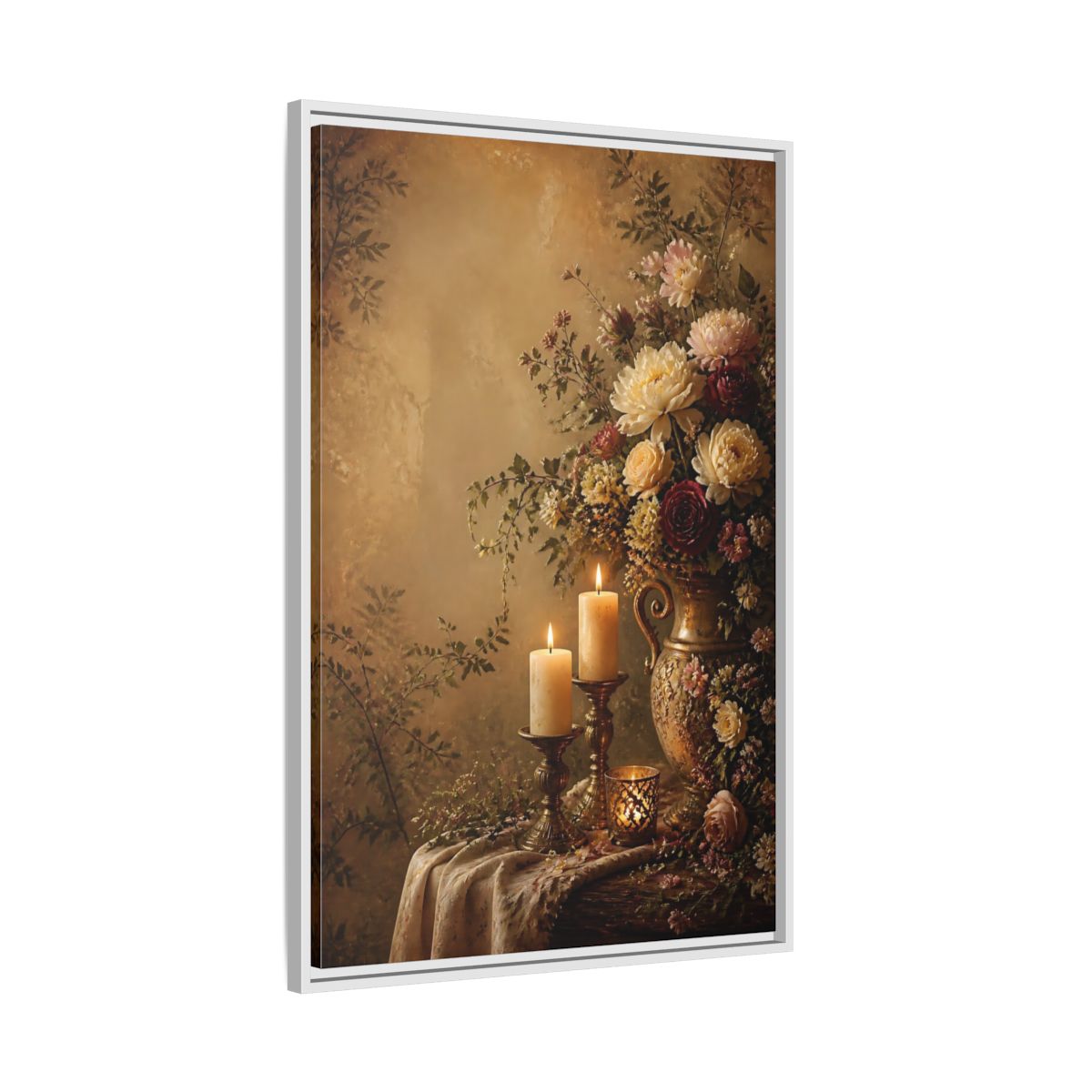 Side Mockup 9. Floral Floral Arrangement Warm Gold Floral shown as stretched canvas wall art