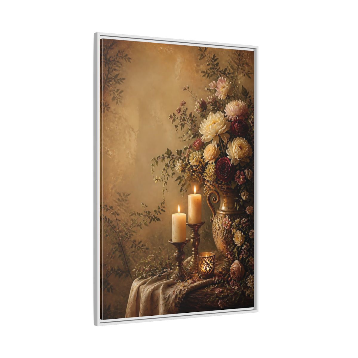 Side Mockup 7. Floral Floral Arrangement Warm Gold Floral shown as stretched canvas wall art