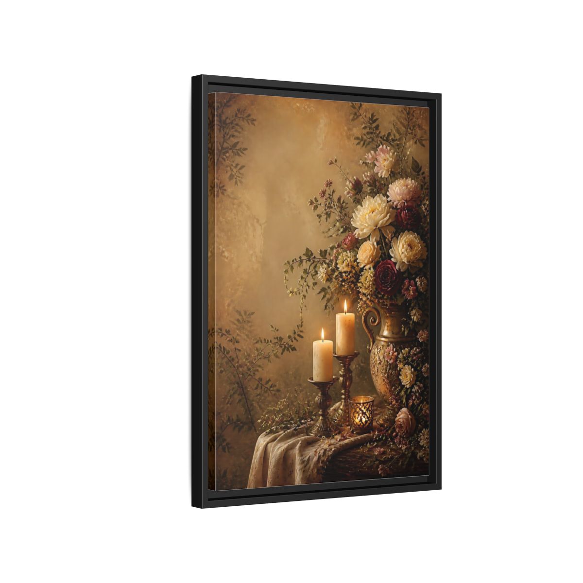 Side Mockup 3. Floral Floral Arrangement Warm Gold Floral shown as stretched canvas wall art