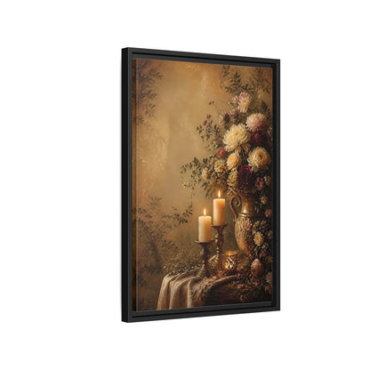 Floral Arrangement Warm Gold Framed Canvas Wall Art - Vintage Living Room, Above Fireplace shown as canvas wall art