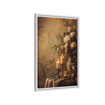 Floral Arrangement Warm Gold Framed Canvas Wall Art - Vintage Living Room, Above Fireplace shown as canvas wall art