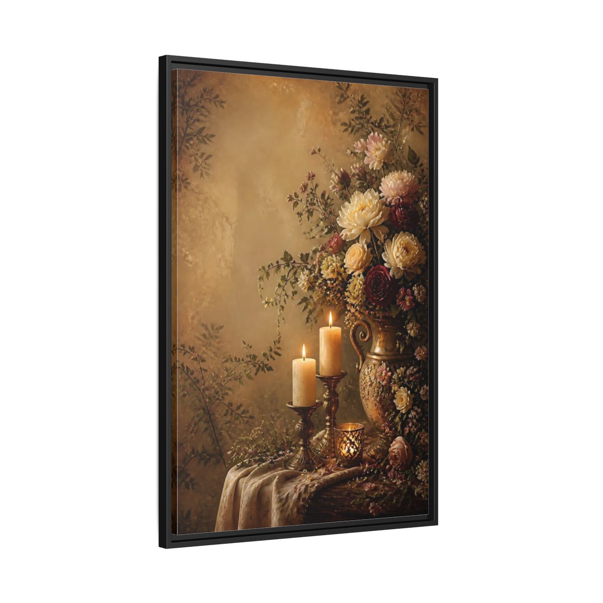 Side Mockup 13. Floral Floral Arrangement Warm Gold Floral shown as stretched canvas wall art
