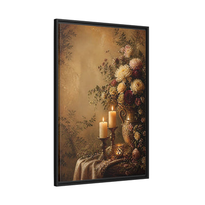 Floral Arrangement Warm Gold Framed Canvas Wall Art - Vintage Living Room, Above Fireplace shown as canvas wall art