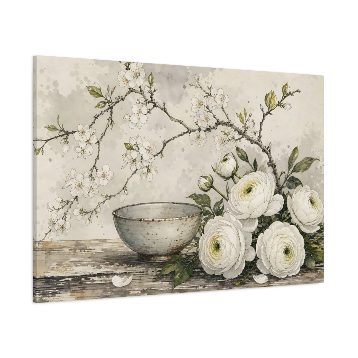 Side Mockup 1. Floral Floral Arrangement White Floral Decor shown as stretched canvas wall art