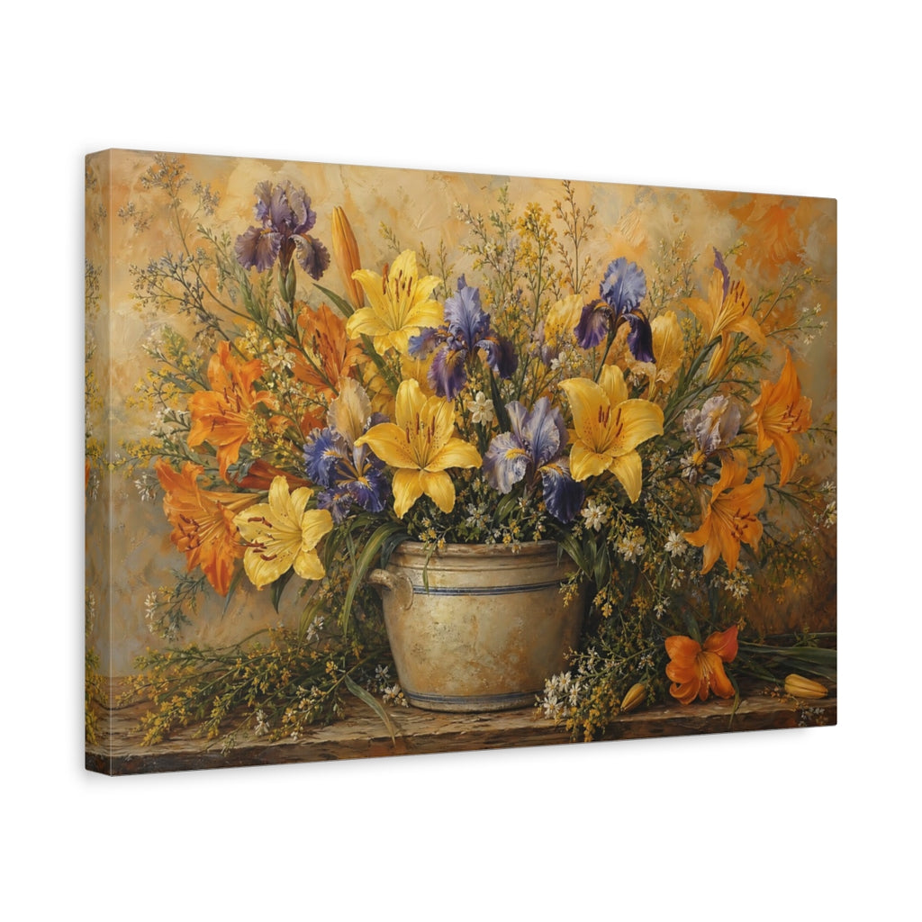 Side Mockup 4. Floral Floral Arrangement Yellow And Purple Flowers shown as stretched canvas wall art