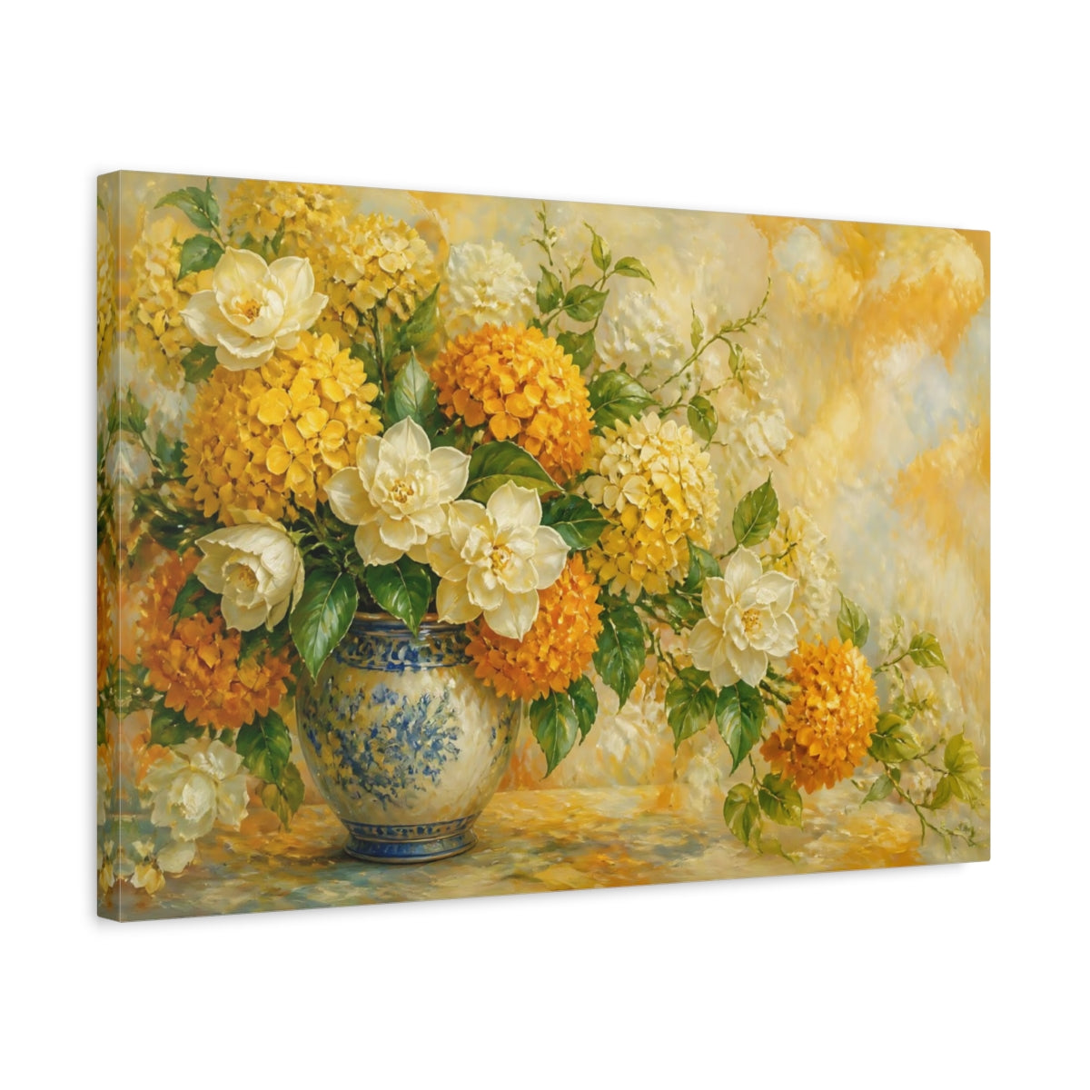 Side Mockup 3. Floral Floral Arrangement Yellow Orange Floral shown as stretched canvas wall art