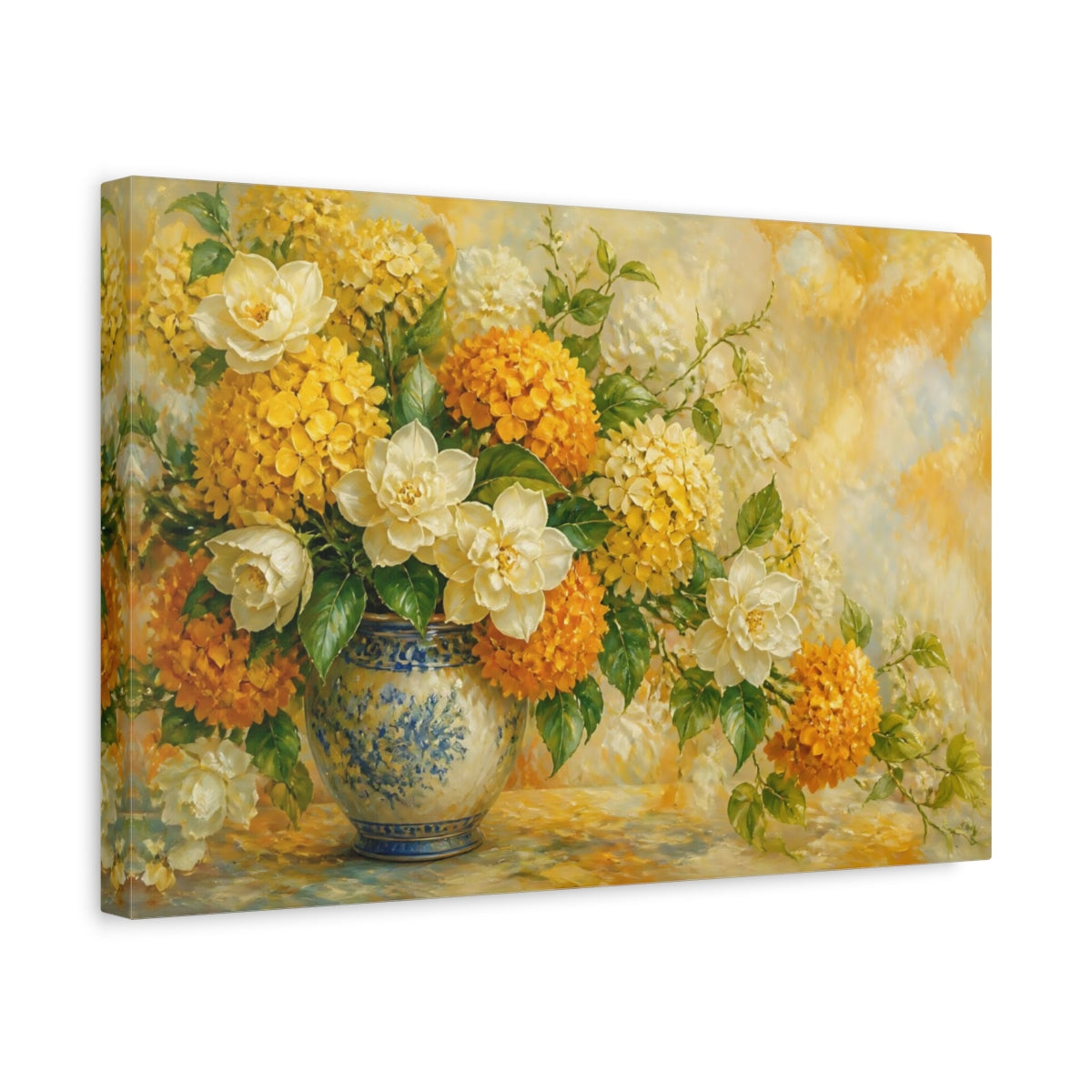 Side Mockup 4. Floral Floral Arrangement Yellow Orange Floral shown as stretched canvas wall art