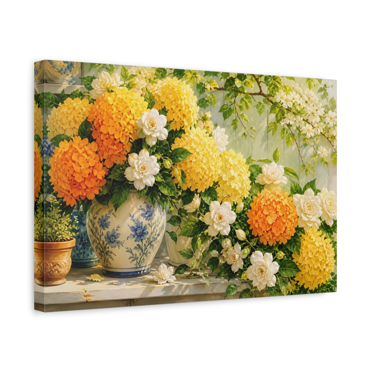 Side Mockup 4. Floral Floral Arrangement Yellow Orange Flowers shown as stretched canvas wall art