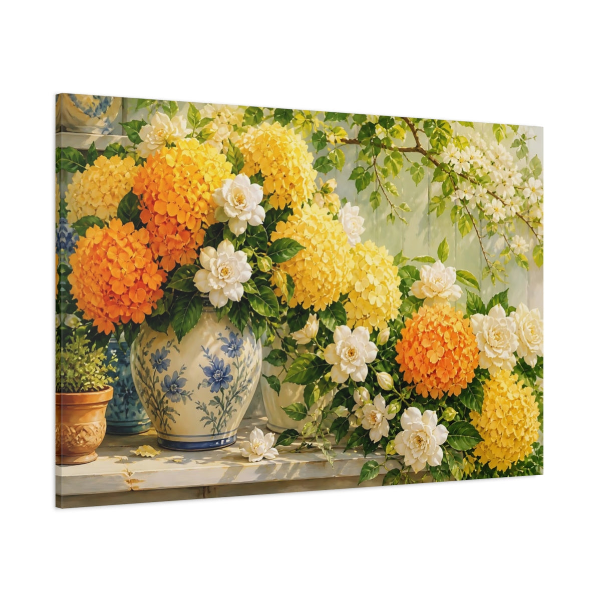 Side Mockup 1. Floral Floral Arrangement Yellow Orange Flowers shown as stretched canvas wall art