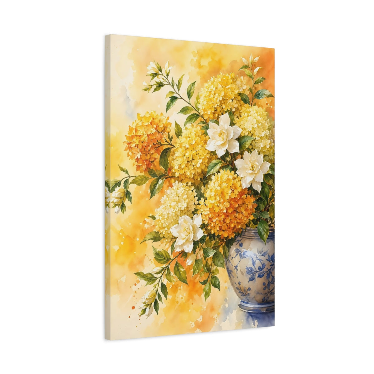 Side Mockup 2. Floral Floral Arrangement Yellow White Floral shown as stretched canvas wall art