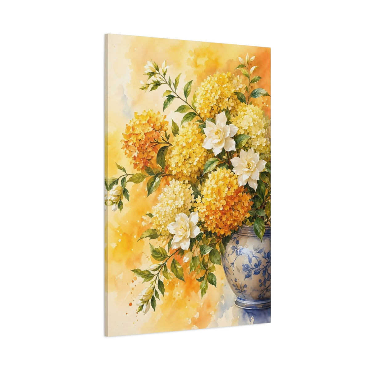 Side Mockup 1. Floral Floral Arrangement Yellow White Floral shown as stretched canvas wall art