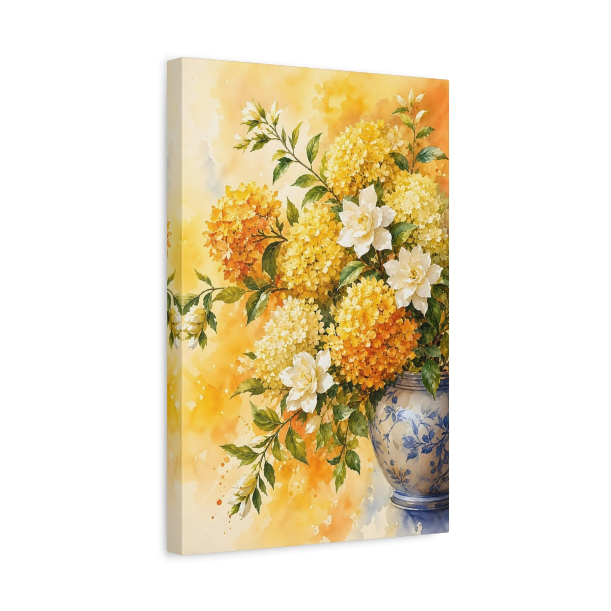 Side Mockup 4. Floral Floral Arrangement Yellow White Floral shown as stretched canvas wall art