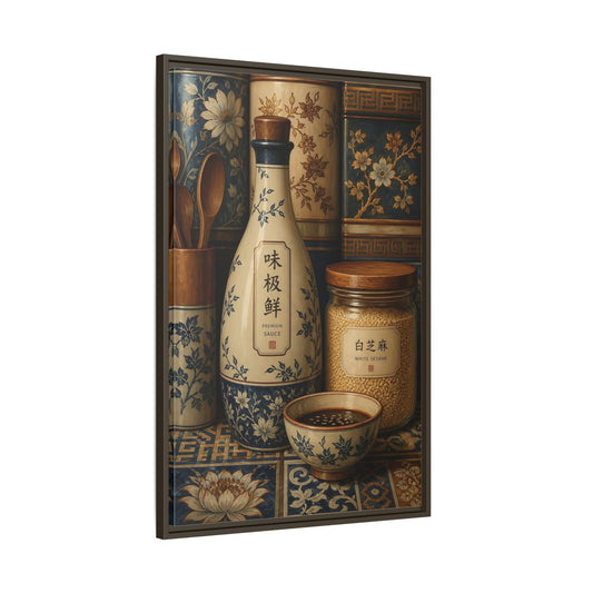 Main Mockup. Floral Asian Kitchenware Blue Floral shown as framed canvas print
