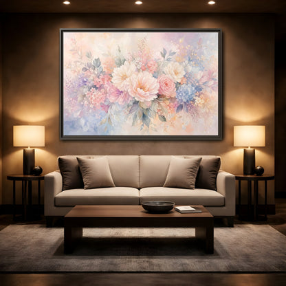 Mockup 2. Floral Assorted Flowers Pastel Floral shown as stretched canvas wall art